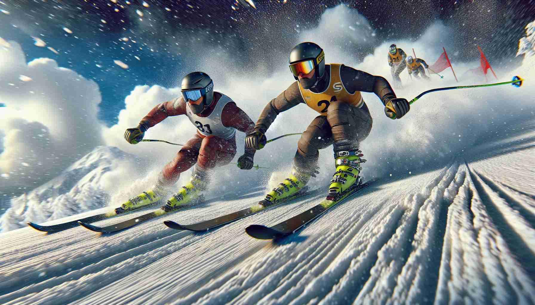 Create a hyper-realistic HD image, depicting an intense downhill skiing showdown. Illustrate a high-speed scene—you can see the snow spraying off from the skis, and the determined expressions on their faces clearly hint at the high stakes of the race. The ski racers should be of diverse descents: one being Caucasian and the other being South Asian. Keep it ambiguous as to who is leading, thereby maintaining the suspense of who might come out on top.