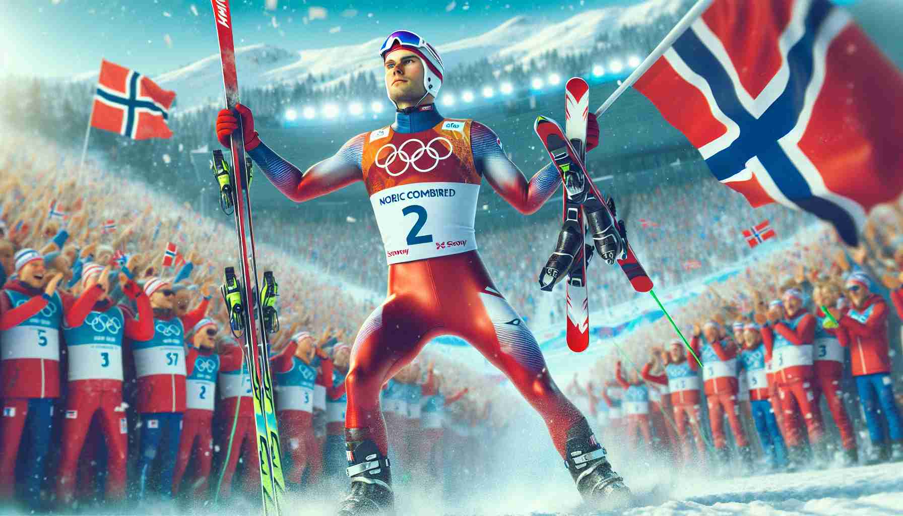 HD quality photo realistically depicting a sports scene from the Nordic Combined event. It shows a victorious athlete, dressed in red and blue, holding a pair of skis in one hand and a Norwegian flag in the other. The scene is filled with excitement, featuring cheering fans in the background and other competing athletes in various stages of competition. Scene set against a snowy backdrop representing Norway's dominance in the event.