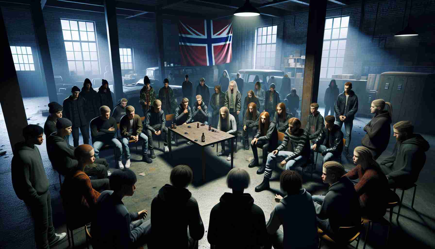 A realistic high definition image depicting the unsettling scene of Nordic teenagers being recruited for illicit activities. The image should show a diverse group of young people from Nordic ethnicities, both male and female, gathered in a clandestine meeting. The setting can be a dimly lit, abandoned warehouse or a secluded forest area. Some of the figures in the background could be engaged in discussion, while a few noticeable ones in the front seem to display a sense of doubt and fear about the situation. However, no violent, shocking, or explicitly dangerous elements should be included.