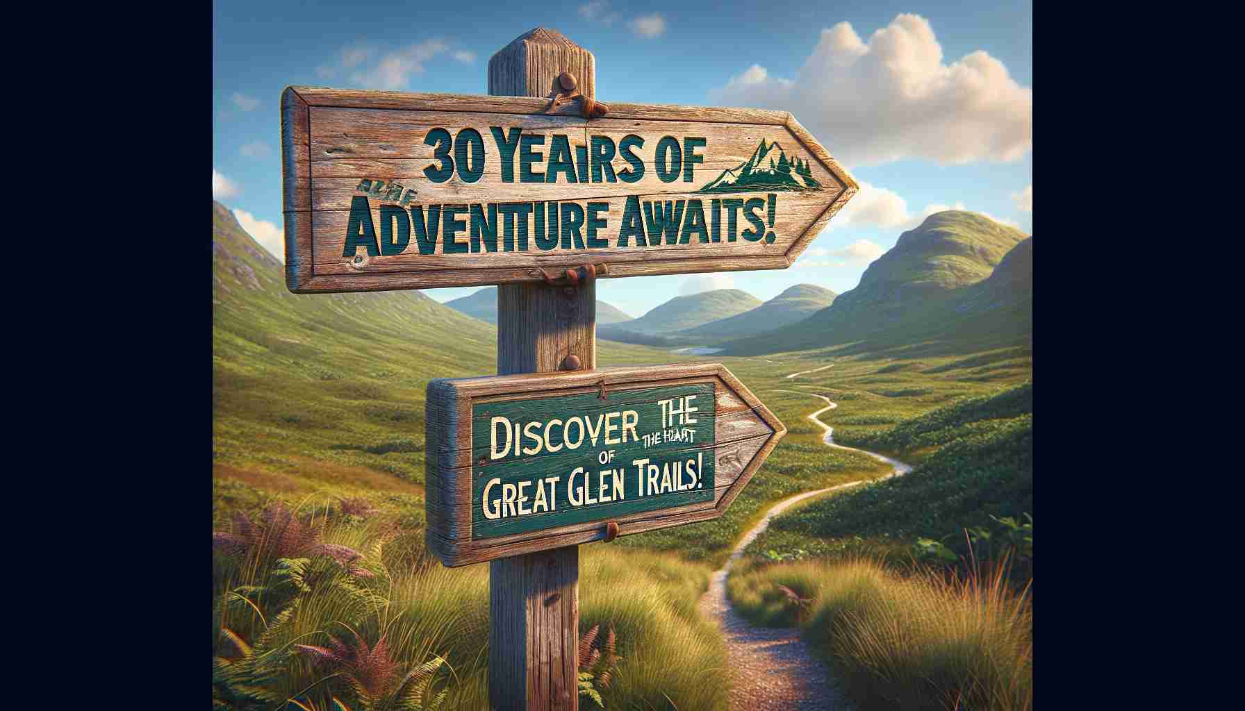 Realistic high-definition image of an engaging signpost with the words '30 Years of Adventure Awaits! Discover the Heart of Great Glen Trails!'. The signpost should be amidst a beautiful and scenic landscape that represents the heart of the Great Glen Trails. This could include lush green fields, towering mountains in the distance, and winding trails leading the viewer through the vast expanse. Consider adding a clear blue sky acting as a backdrop, dotted with fluffy white clouds to indicate a perfect day for an adventure. The signpost itself could be weathered wood, showcasing its age and endurance, but the text should be clear and legible.