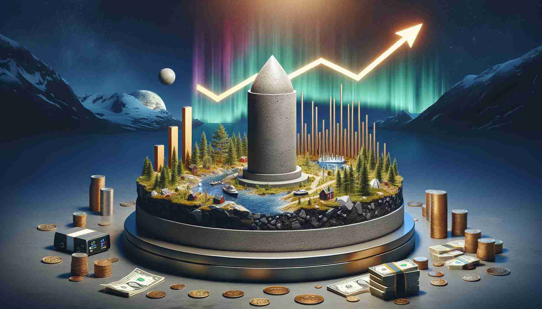 High-definition, photorealistic image of a symbolic scene representing record-breaking fundraising. It showcases a firm grasp of a future, symbolized by a sturdy, cemented foundation prominently placed in the middle of the scene. The backdrop includes elements symbolizing the Nordic region like fjords, forests, and the aurora borealis. Visual aids like a rising bar graph, a stack of coins or banknotes, and a sturdy vault are also present to represent the fundraising achievement.