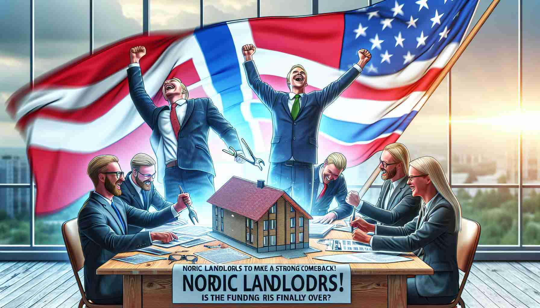 Create a high-definition, realistic image capturing the resurgence of Nordic landlords. The scene should portray energetic and optimistic landlords, possibly in the midst of signing new contracts, building maintenance or discussing future projects. Accompany the visual representation with the text: 'Nordic Landlords Are Set to Make a Strong Comeback! Is the Funding Crisis Finally Over?'