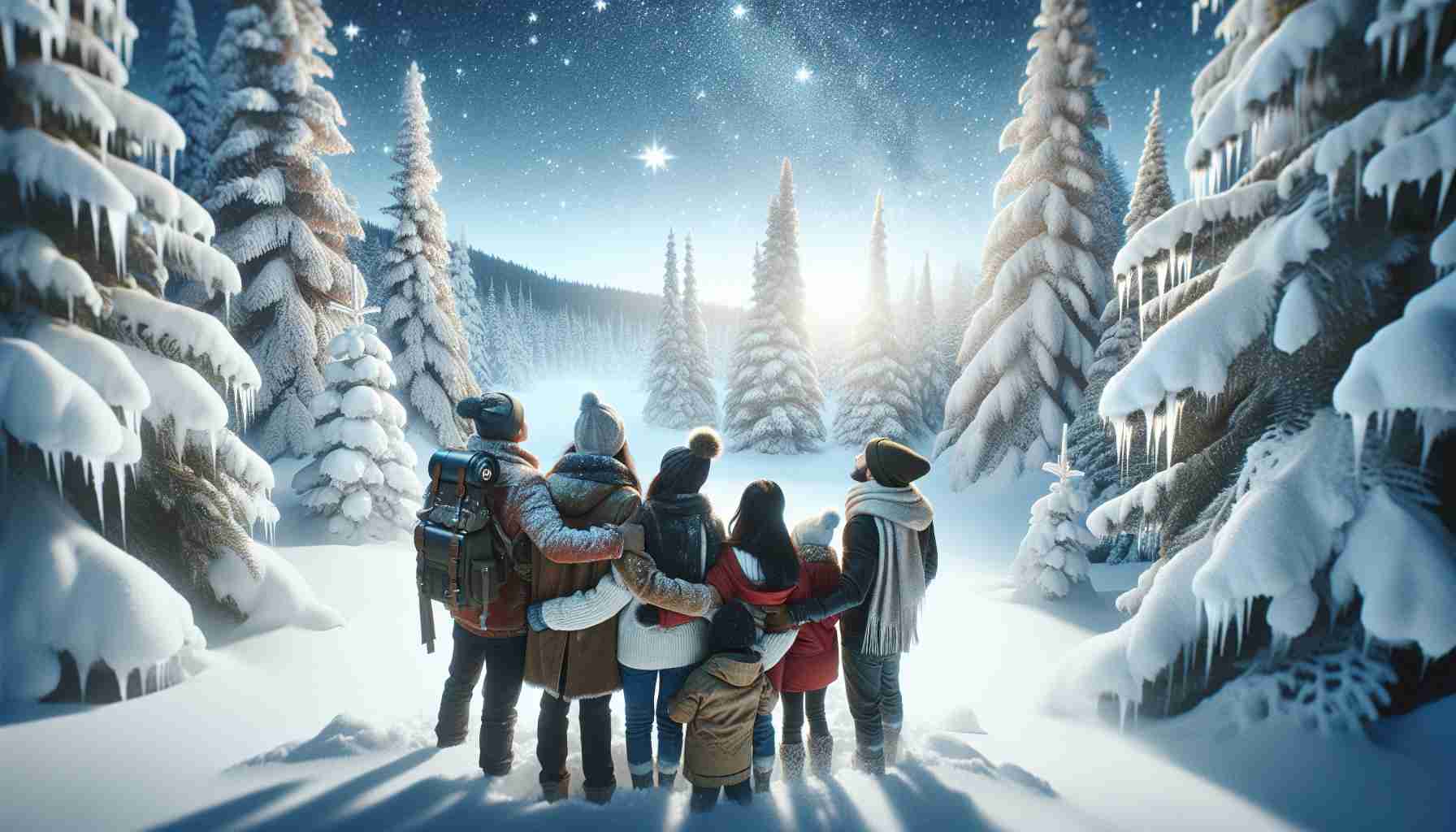 Generate a high-definition, realistic image representing the joy and excitement of the winter holidays. Include a snow-covered landscape with conifers cloaked in white, icicles hanging from branches, and a clear sky with stars twinkling above. Have a group of friends, consisting of an Asian woman, a Middle-Eastern man, and a Hispanic child, huddled together and looking out into the distance, as if they are about to embark on a snow adventure. Their breath should be visible in the chilly air. Keep the lighting soft and magical, suggestive of a peaceful, yet vibrant winter holiday season.