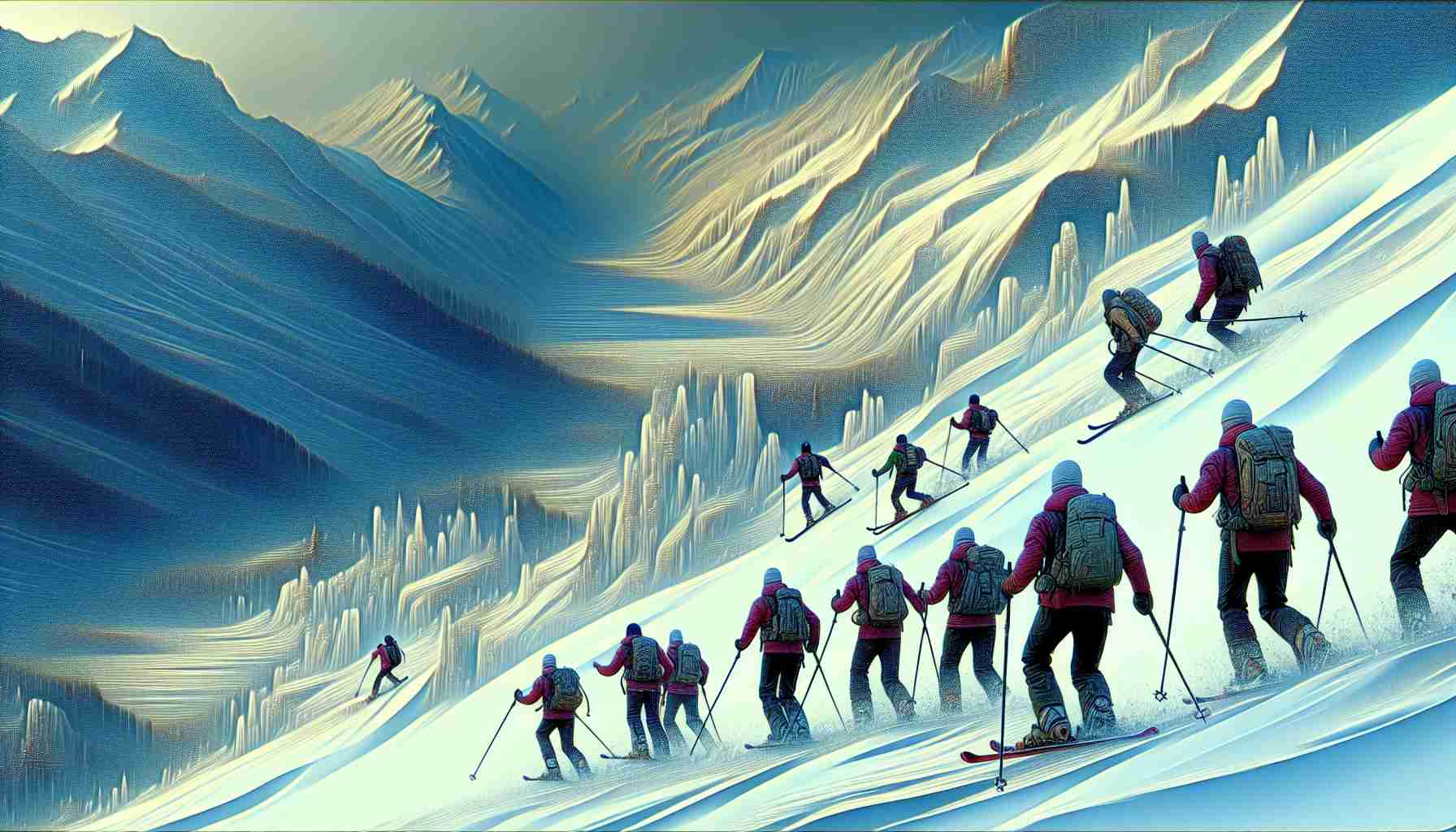 Generate a high definition realistic image of a ski team, composed of individuals of various descents and genders, thriving and showing strength in harsh winter conditions. They should be in full ski gear, navigating through a snow-blanketed landscape filled with challenging terrains like steep slopes and icy patches. The overall atmosphere should express their resilience and team spirit, suggesting the overcoming of adversities in their exciting journey.