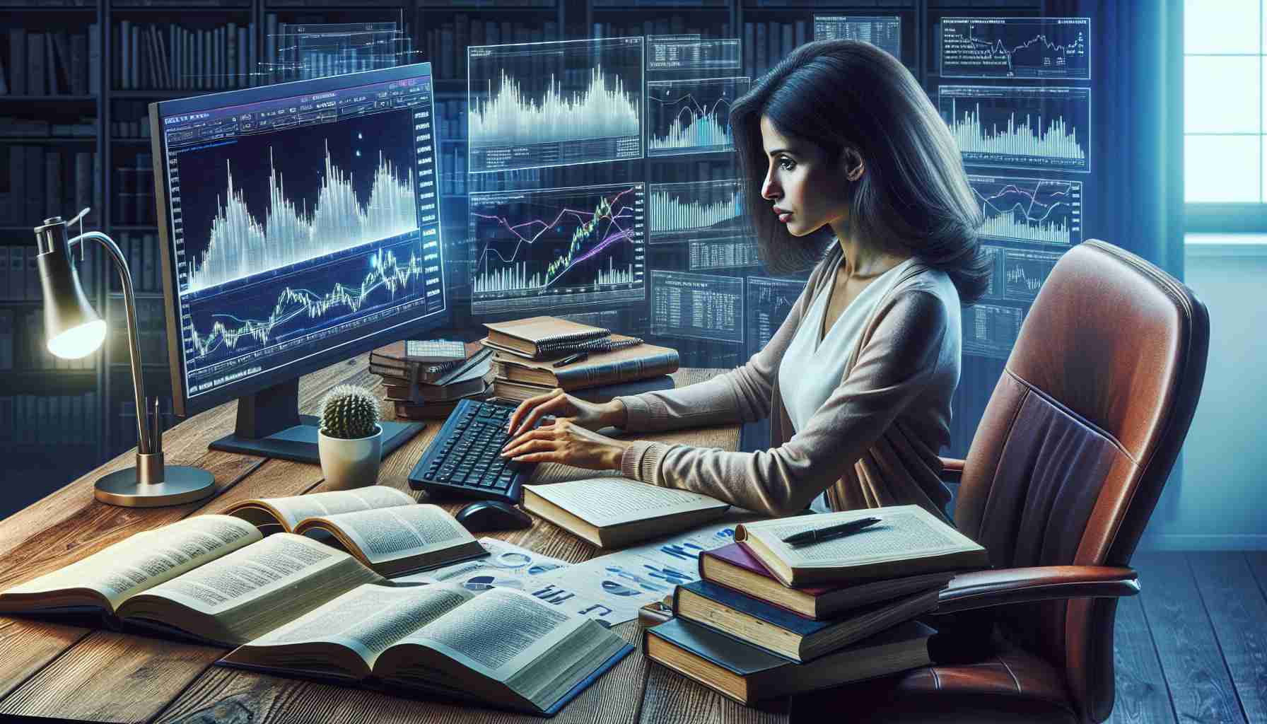 High-definition and realistic image representing the narrative of a female Financial Writer of South Asian descent. She's seated at her wooden desk, surrounded by financial charts, stock market graphs, and investment books. She is fully engrossed in the process of compiling the latest investment insights, intensely studying data on her desktop computer. Notebooks filled with her research scatter the desk. An open book titled 'Unlocking Investment Insights' lies before her, symbolizing the cumulative wisdom she employs in her profession.