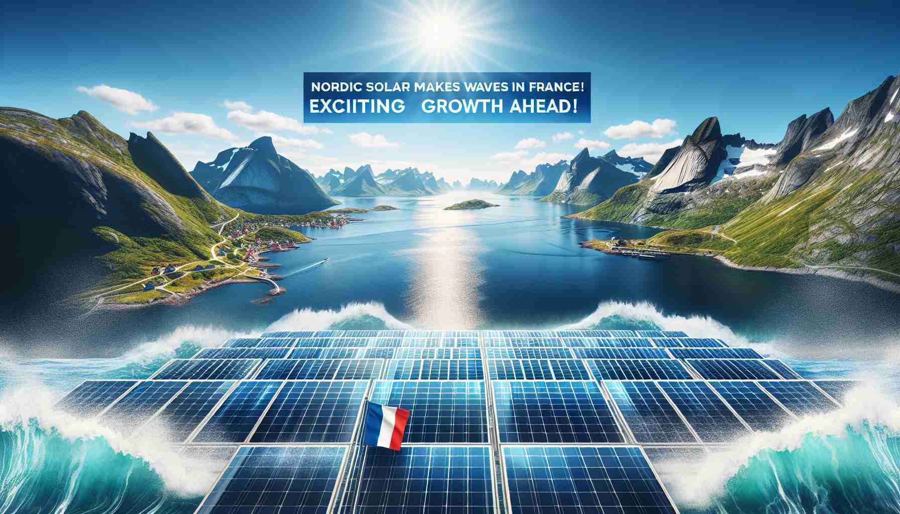 Generate a realistic high-definition photograph illustrating the headline 'Nordic Solar Makes Waves in France! Exciting Growth Ahead!' The image should showcase solar panels arrayed across a scenic Nordic landscape against a backdrop of breathtaking fjords and crisp blue skies. The panels are reflecting the vibrant sun. Include a portion of the image symbolizing France to represent the impact in France - perhaps a French flag fluttering in the cool Nordic breeze. Overlay the headline text on the image in a professional news style format.