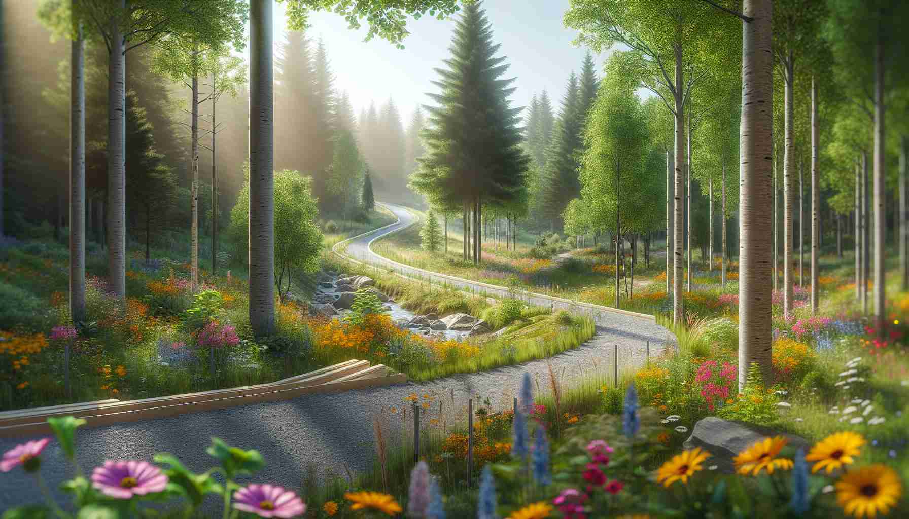 A high-definition, realistic photo showcasing the promising advancements in a trail system located in a place called Willmar. The image could capture the natural beauty with newly built paths for hiking or biking, surrounded by lush trees, colorful flowers, and clear skies, demonstrating the possibility of exciting future experiences for local adventurers and nature lovers.