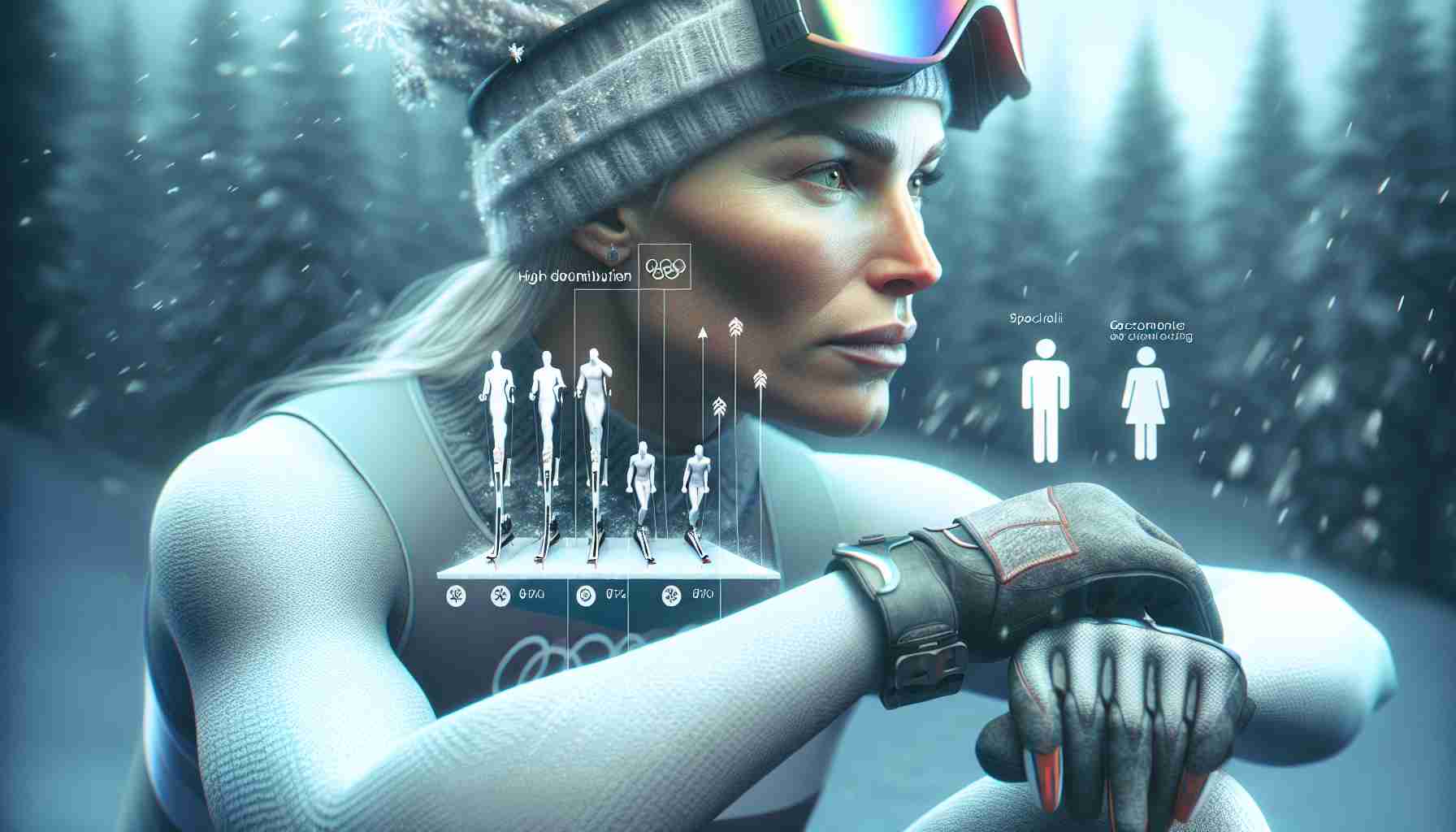 Generate a detailed and realistic high definition image that portrays the gender disparity in the sport of Nordic Combined. The image should showcase a woman preparing to compete, with her determination and resilience evident. Additionally, feature a visual indicator, such as a conspicuously vacant podium spot or an all-male team, to emphasize the absence of women.