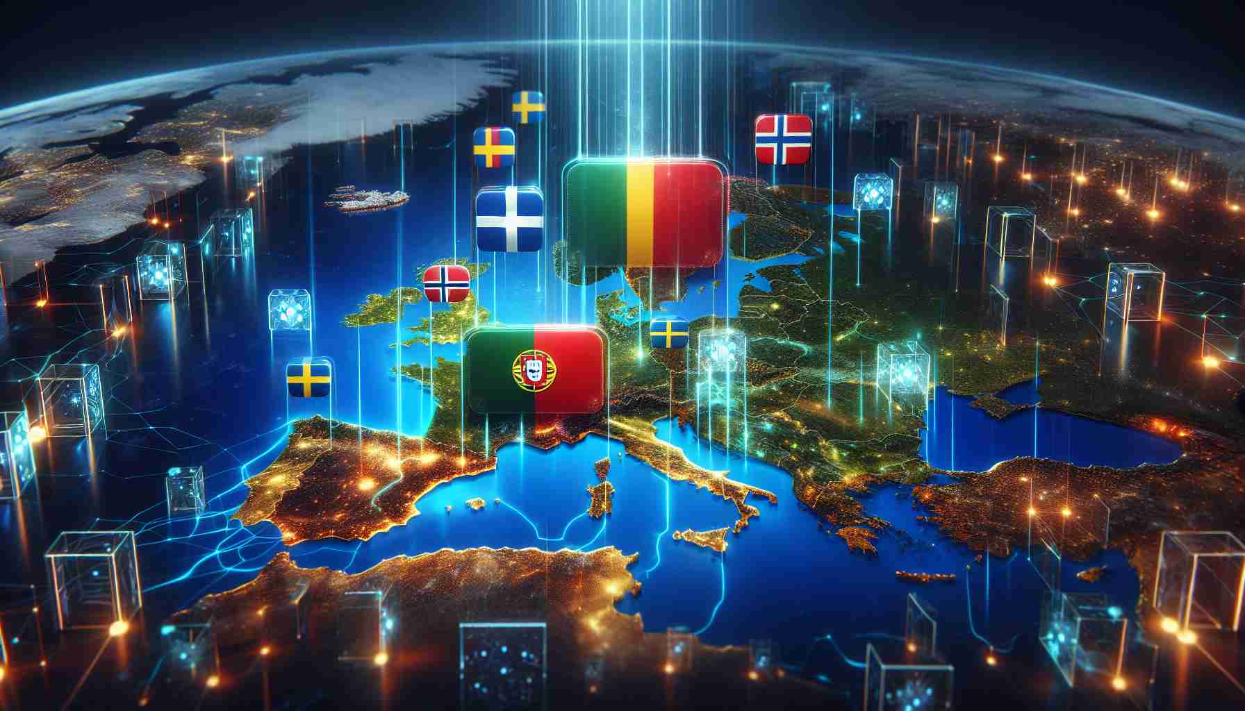 A realistic high-definition image depicting a symbolic alliance in technology between Portugal and the Nordics. The scene should portray the map of Europe, highlighting Portugal and the Nordic countries (Sweden, Norway, Finland, Denmark, and Iceland) with vibrant colors. The alliance is symbolized by digital connections or data streams glowing brightly between these countries, suggesting a strong network. Additionally, incorporate some forms of technology, like semi-transparent screens with futuristic digital interfaces floating in the space, to reflect the tech aspect of the alliance. Keep the overall tone hopeful and game-changing to capture the spirit of the headline.