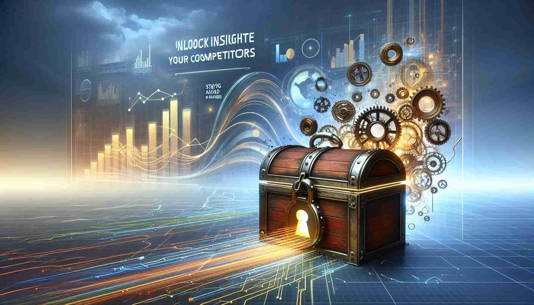 Generate a realistic high definition image of an unlocked treasure chest, symbolism of unlocking insights, with a vibrant foreground of fast-moving technology elements, such as gears, circuit threads and graphs, which represents staying ahead in business. The scene should contain a clear sky backdrop suggesting limitless opportunities. Incorporation of the phrases 'Unlock Insights Before Your Competitors' and 'Stay Ahead in Business' into the overall composition is also desired, showing motivation and competitiveness.