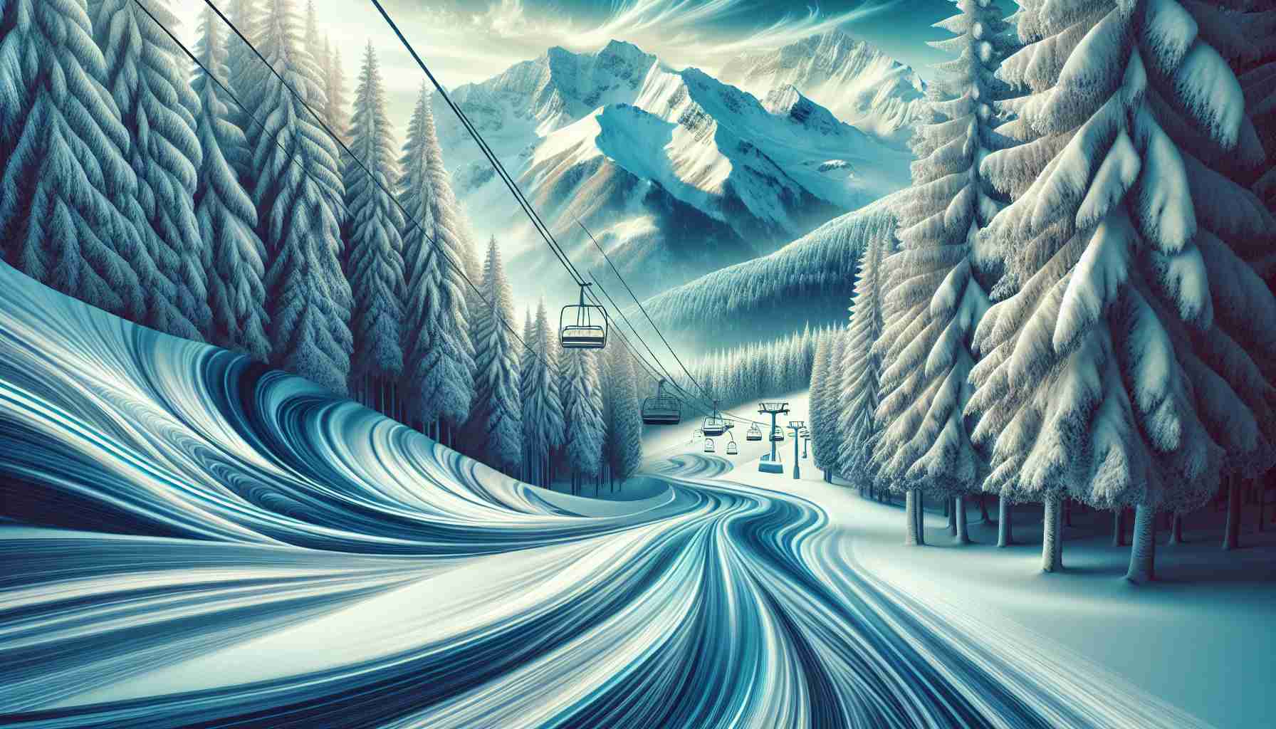 Generate a realistic high-definition image depicting an inviting, beautiful winter wonderland. Picture groomed ski slopes surrounded by fir trees covered in snow at a mountain prevalent in Nordic regions. Evoke the thrill of skiing with dynamic, swirling snow and the majesty of tall mountains in the background. Incorporate elements such as an open ski lift and tracks across the snow to represent the enjoyable sport of skiing.