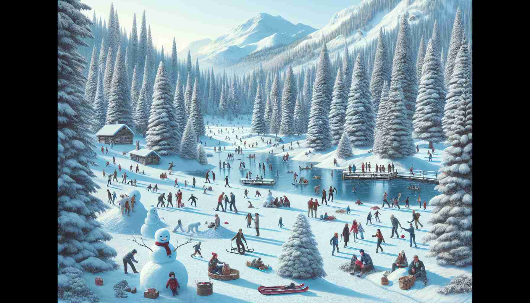 Generate a detailed and realistic HD image of a winter wonderland setting! Imagine a stunning landscape dominated by a pristine blanket of snow. The tall pine trees are frosted, their branches heavy with snowflakes. A frozen pond glimmers in the afternoon light. Scattered throughout the scene, joyful people of varied genders and descents are seen indulging in winter activities - making snowmen, having snowball fights, sledding down slopes, and ice skating on the frozen pond. The atmosphere is full of gleeful laughter and cheers indicating a weekend of fun and merriment.