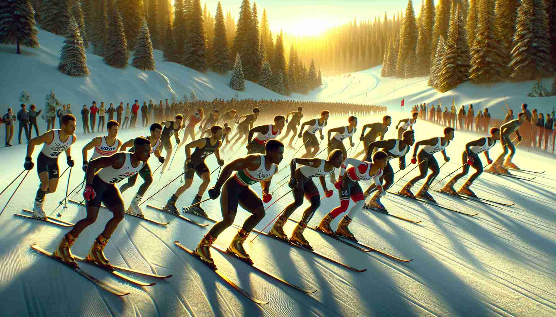 A crisp, high-definition picture capturing the spirit of 'New Beginnings'. It showcases the Nordic ski team from Mount Anthony as they train intensely, aiming for a brighter future. The scene is set on a snow-covered track, with fir trees in the background. The team is diverse, composed of Caucasian, Hispanic, Black, Middle-Eastern, South-East Asian male and female skiers. The golden sun is setting, casting long shadows, symbolizing the departure of old times and the arrival of new possibilities.