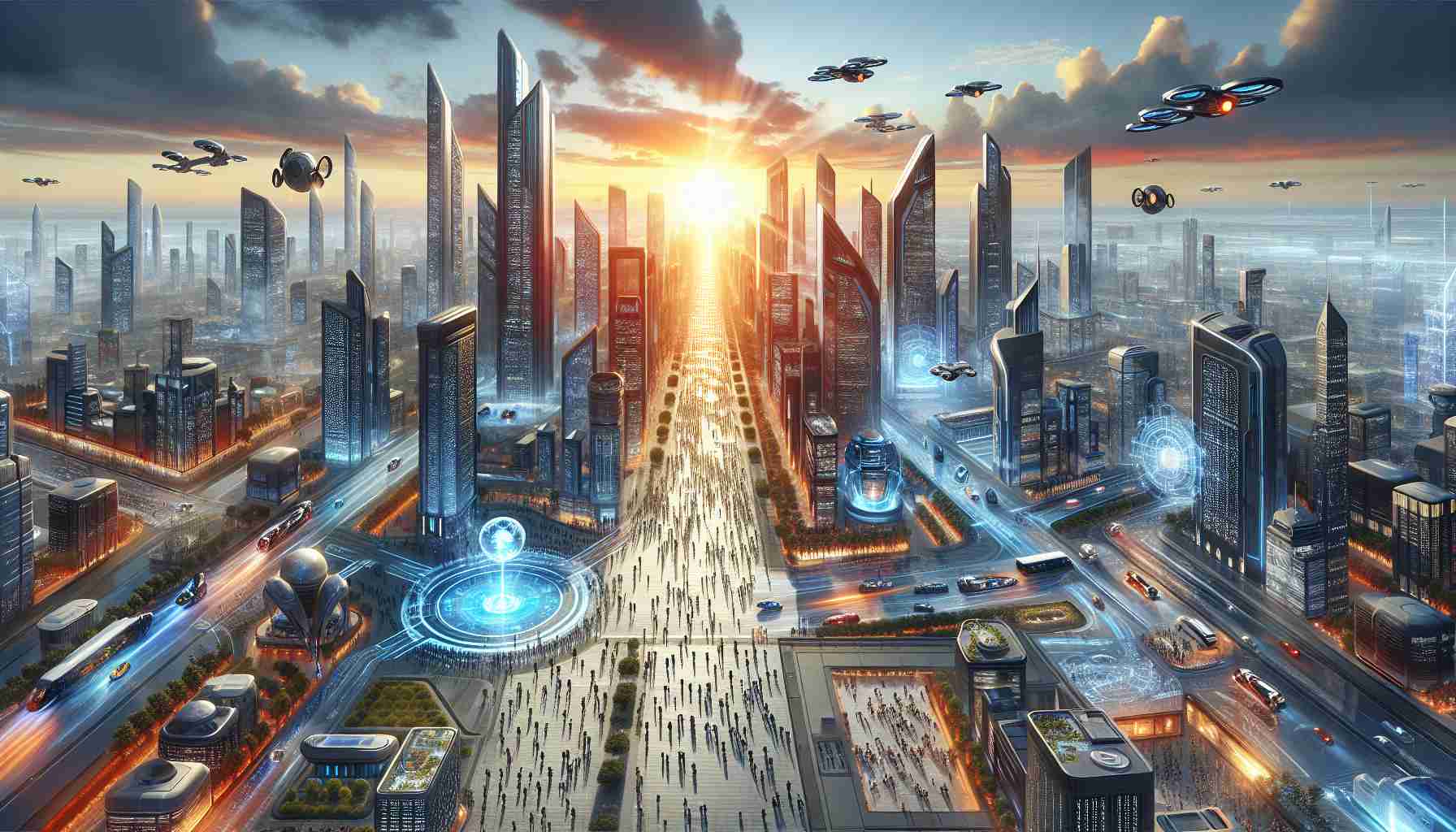 A high-definition, hyper-realistic image showcasing the theme of 'Investing Big: Regnology's Bright Future Ahead'. Portray a Scenic view of advanced futuristic city technology, perhaps flying vehicles, skyscrapers made of glass and metal, bustling crowds of people using cutting-edge gadgets, etc. There should also be a symbolic representation of a bright future— perhaps a radiant sunrise or a sunset cutting through the skyline. Include a large banner in the design, carrying the words 'Investing Big: Regnology’s Bright Future Ahead!