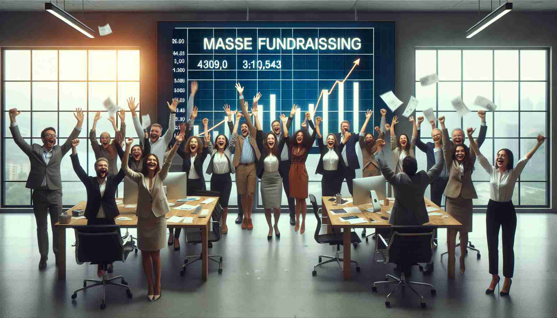 An HD photo realistically capturing a moment of massive fundraising success. The setting is an office environment. An array of diverse professionals who are ecstatically celebrating their new high in fundraising. They are waving papers with the figures, expressing their joy. An electronic board in the background is displaying the impressive numbers achieved. The aesthetics of the office, the expressions of the team, and the figures on the board all communicate an air of triumphant accomplishment.